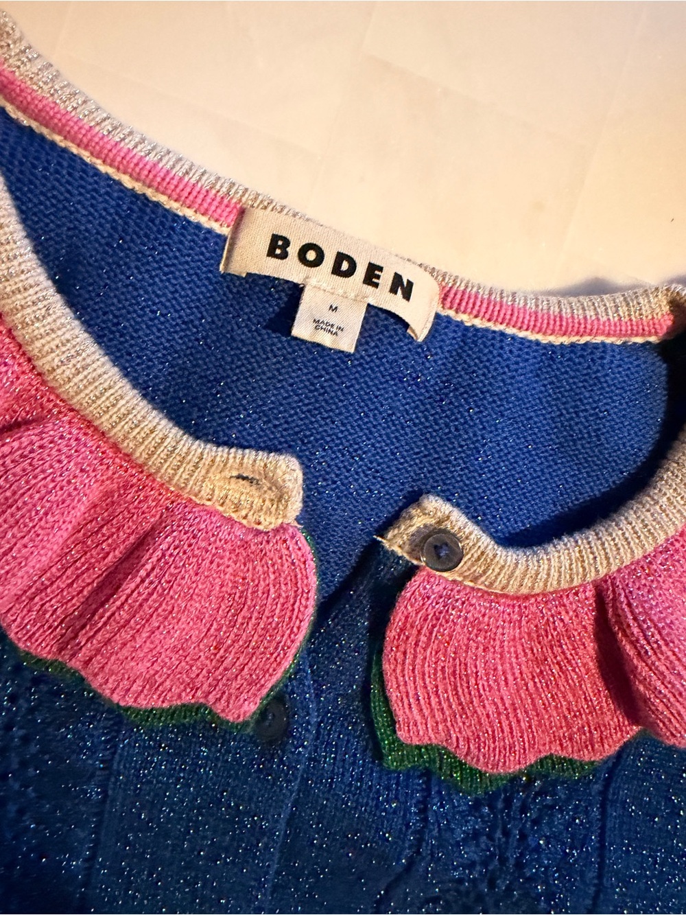 Boden / Ruffled Collar Blue Cardigan with Pink Accent - Picture 3 of 9